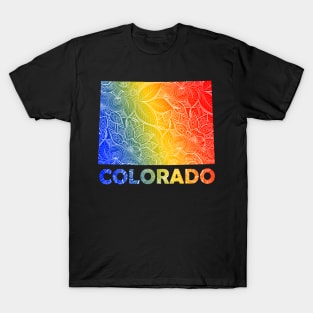 Colorful mandala art map of Colorado with text in blue, yellow, and red T-Shirt